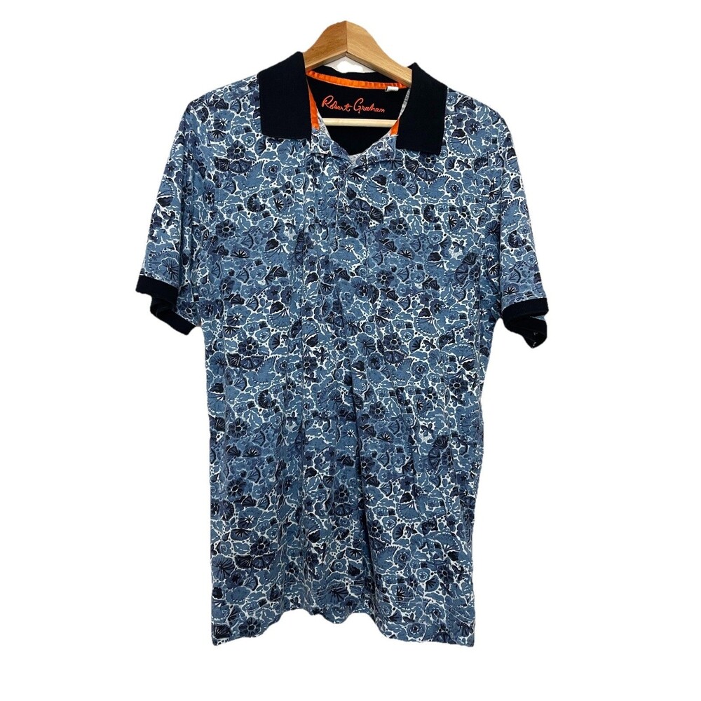 Robert Graham Men's Medium Blue Floral Polo Shirt Short Sleeve Cotton